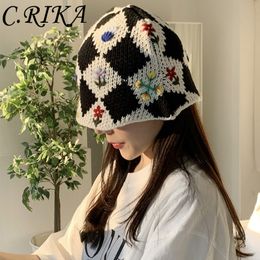 Wide Brim Hats Bucket Hats Hand Woven Crochet Flower Bucket Hats Women Autumn Cotton Yarn Soft Fisherman Hat Lady Plaid Colour Matching Beach Hats 230302