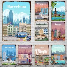 In The Illustration Style of Cities Metal Tin Sign Poster Beautiful Paris New York and Countries Poster Living Room Bedroom Decor personalized Sign Size 30X20CM w01