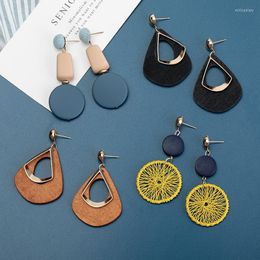 Dangle Earrings & Chandelier Korean Women's Wood Geometric Hollow Dangel For Women Fashion Statement Blue Green Drop JewelryDangle Mill2