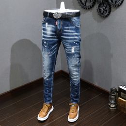 Men's Jeans Fashion Designer Men Jeans Retro Blue Stretch Slim Fit Painted Ripped Jeans Men Korean Style Vintage Casual Denim Pants Hombre 230302