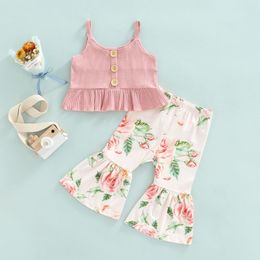 Clothing Sets CitgeeSummer Toddler Kids Girls Outfits Solid Colour Knitted Ribbed Sleeveless Tops Floral Print Flare Pants Clothes Set