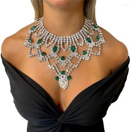 Chains Vintage Fashion Green Crystal Pendant Necklace Ladies Prom Dinner Shining Rhinestone Clavicle Chain Bride Luxury Large