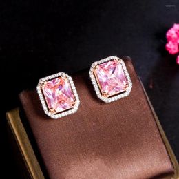 Stud Earrings ThreeGraces Stunning Pink Cubic Zirconia Simple Big Geometric Square For Women Fashion Summer Party Jewelry E887