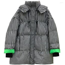 Women's Down Style Loose Jacket Women Mid-length Black And White Plaid Hooded