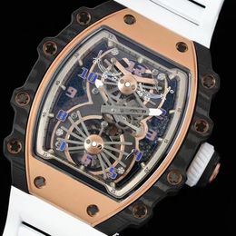 2023 Version Skeleton wheels rose gold watches carbon fiber Case automatic watch white rubber strap sapphire ETA watch all function works designer watches