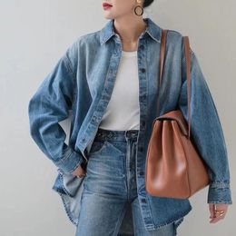 Women's Jackets Women Blue Straight Denim Coat 2023 Autumn Turn-down Collar Loose Cardigan Long Sleeve Single Breasted Female JacketWomen's