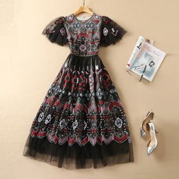 Spring Summer Short Sleeve Round Neck Black Dress Tulle Floral Paisley Embroidery Panelled Mid-Calf Elegant Casual Dresses 21D161110