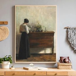 Vintage Woman Paintings Reading Interior Scene Posters and Prints Canvas Painting Antique Wall Art Pictures for Living Room Home Decor Woo