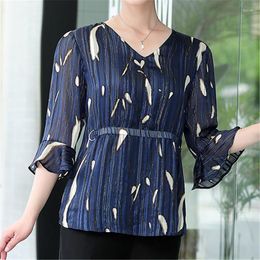 Women's Blouses Summer Print Chiffon Women Short Sleeve Loose Shirts V-Neck Elegant Ladies Bright Silk Tops Blusas MM1103