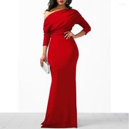 Casual Dresses Women Oblique Shoulder Slim Folds Long Dress Elegant Evening Party Floor Length Vestido De Festa