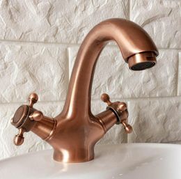 Bathroom Sink Faucets Antique Red Copper Brass Single Hole Deck Mounted Double Handles Vessel Basin Faucet Mixer Water Taps Mnf390