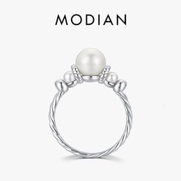 Wedding Rings Modian Elegant Fashion Shell Pearl Ring 925 Sterling Silver Exquisite Vintage Female Rings For Women Party Vacation Fine Jewellery 230302