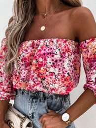 Women's Blouses Summer Off Shoulder Floral Print Blouse Women Boho Casual Female Flower Slash Neck Holiday Tops Clearance Sale Low Price