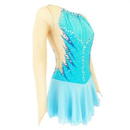 Stage Wear Blue Figure Skating Dress Long-Sleeved Ice Skirt Fingerpoint Sleeves Spandex Competition Dresses Half Collar Mesh