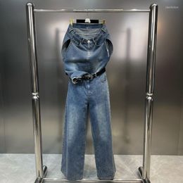 Women's Two Piece Pants BORVEMAYS Two-piece Sets Denim Women Slash Neck Sleeveless Tops High Waist Solid Color Straight-leg Jeans 2023