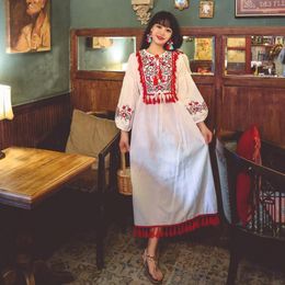 Casual Dresses Retro Ethnic Boho Dress Bohemian Embroidery Tassel Lace Cotton Linen Vestidos Female V-Neck Puff Sleeve Midi 6095