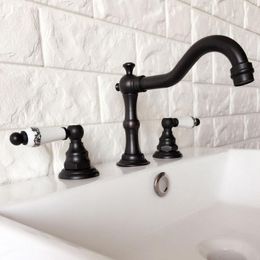 Bathroom Sink Faucets Black Oil Rubbed Bronze Double Handles 3 Holes Install Widespread Deck Mounted Basin Faucet Mixer Tap Mhg067