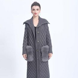 Women's Fur & Faux 2023 Janefur Kintted Coat Large Lapel Pocket Woman Overknee Female Overcoat