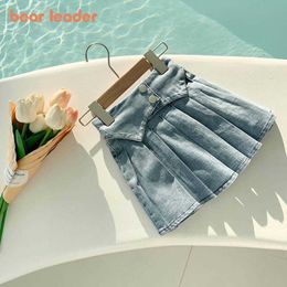 Skirts Bear Leader Dress Kids Outfits 2-7 Years 2023 Summer New Casual Skirt Solid Colour Pleated Skirts Baby Girl Denim Pleated Skirt T230301