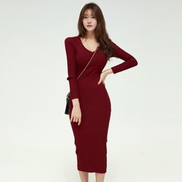 Casual Dresses Autumn Winter Sheath Deep V-neck Sexy Sweater Dress Long Sleeve High Waist Midi Knitted Women Robes TA699