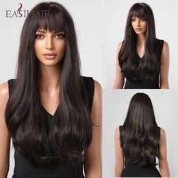 Synthetic Wigs Easihair Dark Brown Synthetic Wigs Long Wavy Natural Hairs with Bangs for Women Daily Cosplay Party Heat Resistant Fiber 230227