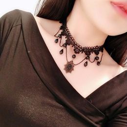 Chains Fashion Gothic Victorian Crystal Tassel Tattoo Choker Necklace Black Lace Collar Vintage Women Wedding Jewelry