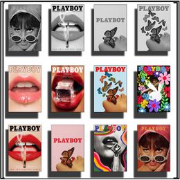 HISIMPLE Canvas Painting Magazine Flowers Butterflies Bunnies Red Lips Sexy lady Modern Poster Prints Wall Picture Man cave Art Home Room Decor Frameless