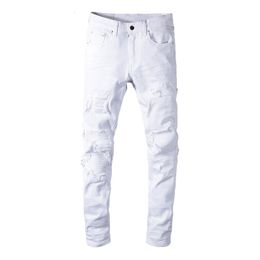 Men's Jeans Sokotoo Men's white stretch ripped biker jeans Slim skinny pleated patchwork denim pants 230302