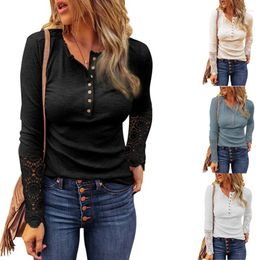 Women's T Shirts Streetwear Lace Hollow Out Solid Woman Top Tee Buttons Long Sleeve For Women Fall Casual Undershirt Female Tops