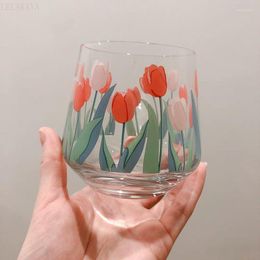 Wine Glasses Tulip Flowers Glass Cup Transparent Square Bowls Milk Coffee Mug Kitchen Tools Fruit Salad Dessert Tableware Decor