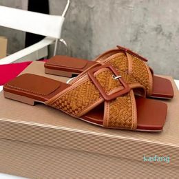 women flat Cross buckle slippers for summer casual wear 100% Leather beach heel sandal plaid decor Black/white/reddish brown custom writting welcome large size 39-