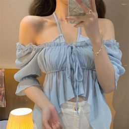 Women's Blouses Summer Solid Sexy Off Shoulder Short Womens Halter Chiffon Shirts T-shirt Woman Chic Sweet Slim Half Sleeve Crop Tops