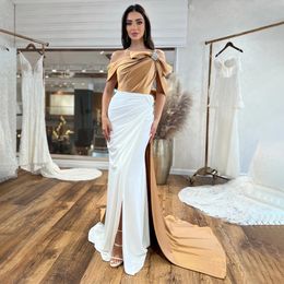 Contrast Side Split Mermaid Evening Dresses Gold White Satin Celebrity Gown 2023 Off the Shoulder Draped Special Occasion Dress