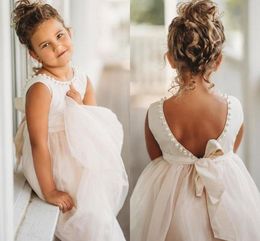 Cute Flower Girl Dresses Princess A Line Jewel Neck Pearls With Bow Belt Summer Bohemian Wedding Party Gowns For Teens Toddler Birthday Frist Communion Wear BC13133