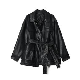 Women's Jackets 2023 Spring and autumn leather coat women's motorcycle suit medium length retro loose black PU top 230302
