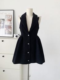 Casual Dresses Black Colour Sleeveless Women Classic Frocks 2023 Single Breasted Lapel Pleated Tunic Female Dress French Elegance Vintage