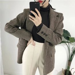 Women's Suits Blazers Women Houndstooth Blazer Female Long Sleeve Casual Lady Blazers Formal Suits Single Breasted Coat Vintage Female Pockets Tops 230302