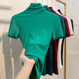 Women Clothing Short Sleeve Turtleneck Women's Tshirt Solid Colour Mesh Woman Top Summer Tops For Girls 230301