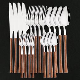 Dinnerware Sets Tableware Glossy Wood Silver Stainless Steel Western Food Silverware Knife Fork Teaspoon Flatware Cutlery 230302