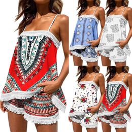 Women s Two Piece Pants Summer Clothe Ethnic Folk Outfits Sexy Floral Print Boho Sling Tassel Shorts Set Camis Top And Beach 230302