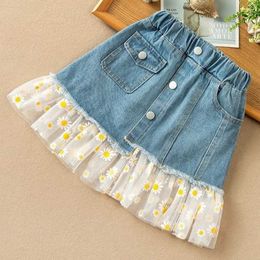 Skirts Kids Girls Denim Skirts Pleated Skirt New Spring Summer Teenage Jean Skirts For Girl Teens Floral Lace Stitching Skirts 3-16Y T230301