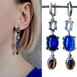 Hoop Earrings Punk Personality Geometric Long For Women Vintage Metal Bule Color Moonstone Dangle Fashion Jewelry