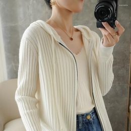 Women's Hoodies Spring And Autumn Double Zipper Cashmere Knitted Cardigan Women's Pit Strip Hooded Wool Jacket European Goods