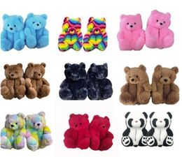 Plush Teddy Bear House Slippers Indoor Soft Anti-slip Faux Fur Cute Fluffy Pink Slippers Brown Women Warm Shoe