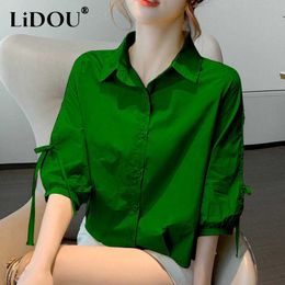 Women's Blouses Shirts Summer Oversized Korean Style Solid Simple Buttons Shirt Top Women Half Sleeve Bow All-match Cardigan Blouse Female Clothes 230302