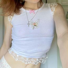 Women's T Shirts INSMIRCOGIRL Butterfly Appliques Patchwork Lace Tank Top Women Y2K 90s Aesthetic White Crop Cute Cami Kawaii Clothes
