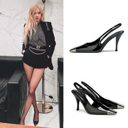 Новые насосы Slingback Metal маленькая квадратная головка лаконичная кожа Кратка женской обувь Сексуальные высокие каблуки летние осенние туфли женщины размером 35-43