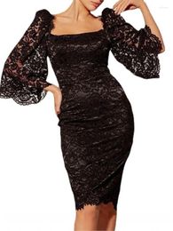 Ethnic Clothing African Dress Women Clothes Puff Sleeve Knee Length Africa Autumn Solid Lace See Through Sexy Party Dresses