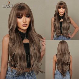 Synthetic Wigs Easihair Brown Ombre Long Wavy Synthetic Wigs with Highlight Natural Wig for Women Daily Cosplay Bangs Heat Resistant 230227