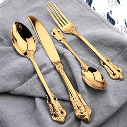 Dinnerware Sets 24pcs Vintage Stainless Steel Gold-plated Cutlery Dining Knives Forks Teaspoons Set Luxury Engraving Tableware